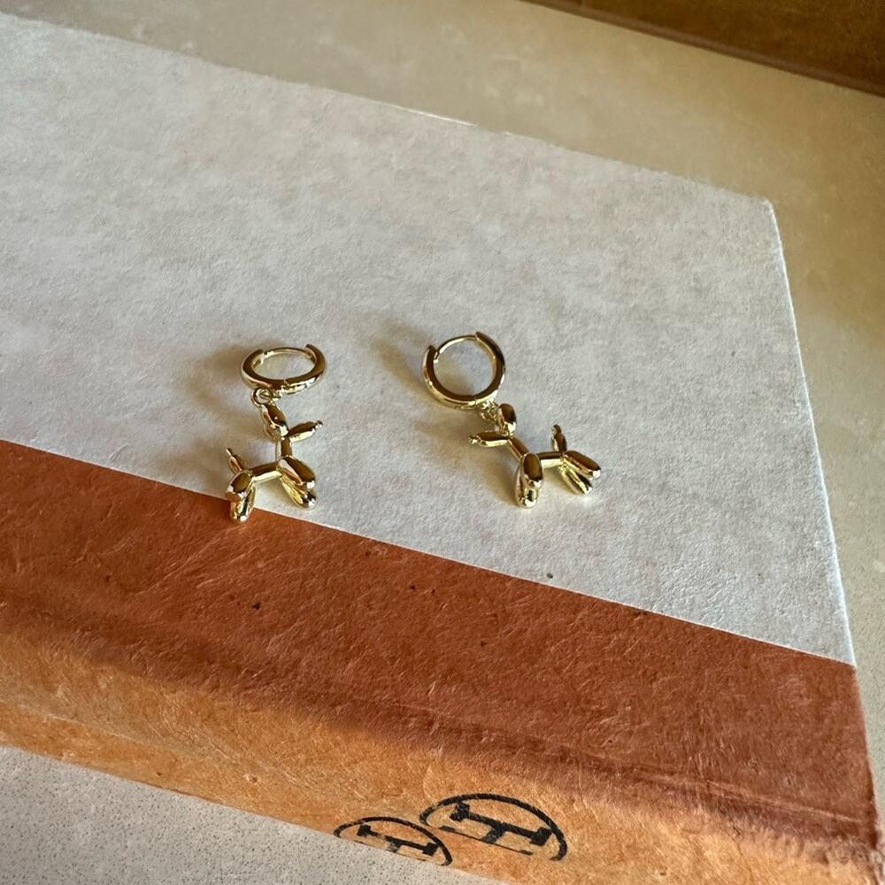 Gold Dog Doggy Balloon Animal Earring- unisex modern drop earring hanging style